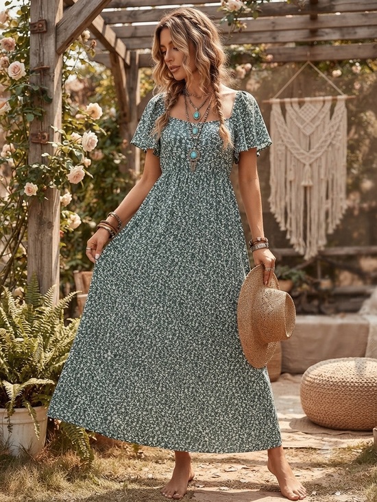 Yesfashion Dresses & Skirts - Sage Green Floral Maxi Dress with Short Flutter Sleeves NWT